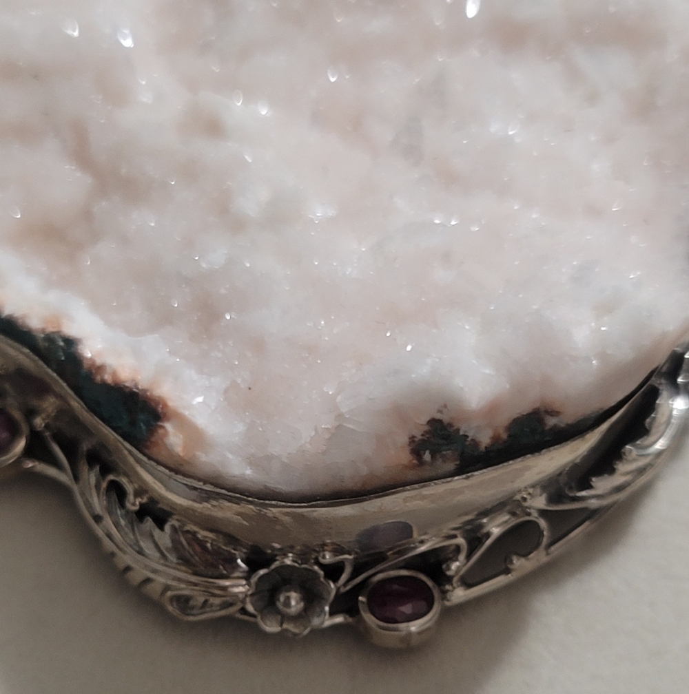 925 Sterling Silver Huge Natural Druzy Crystal And Ruby Pendant - Picture 2 of 7